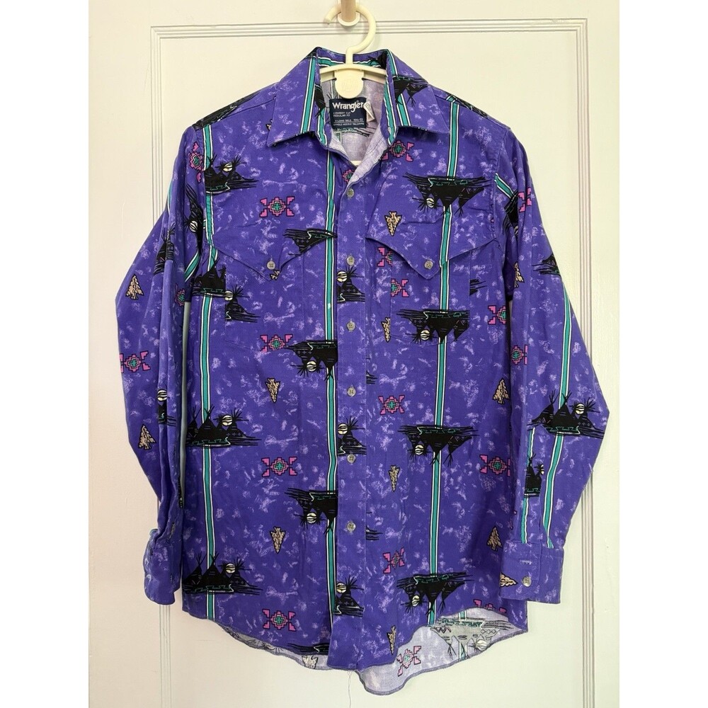 Vintage Wrangler Cowboy Cut Western Shirt USA Purple Southwestern Aztec 15.5x33